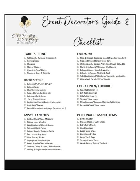 Event Decorator's Checklist pocketplanner #kidplannerprintable #dailystudyplanner🏷️. Party Supplies Checklist, Event Checklist, Decor Checklist, Party Planning Checklist, Party List, Party Checklist, Event Planning Checklist, Pipe And Drape, Party Planner