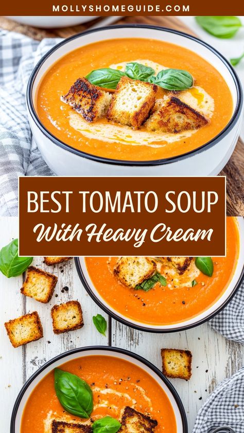 Indulge in the rich, velvety goodness of homemade tomato soup with heavy cream. This classic comfort dish is perfect for chilly days or whenever you crave a cozy meal. The combination of ripe tomatoes and creamy heavy cream creates a luscious soup that will warm you from the inside out. Make a big batch to enjoy throughout the week or serve it alongside your favorite grilled cheese sandwich for the ultimate comfort food experience. Soups And Stews Comfort Foods, Soup With Heavy Cream, Creamy Tomato Soup Easy, Recipe With Heavy Cream, Best Tomato Soup Recipe, Fall Soups And Stews, Tomato Bisque Soup, Homemade Tomato Soup Recipe, Best Tomato Soup