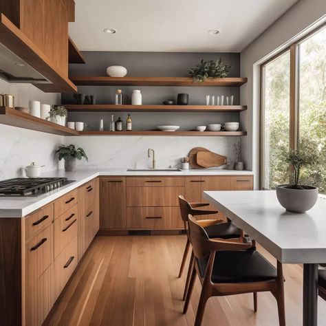 3x3 Kitchen Design, Timber Toffee Cabinets, Modern Century Kitchen, Wood Upper Cabinets, Kitchen Midcentury Modern, Scandi Kitchen Ideas, Wood And White Kitchen, Mid Century Modern Kitchen Cabinets, Cozy Modern House