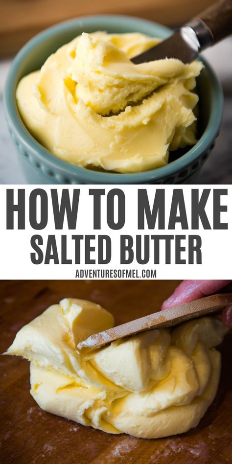 homemade salted butter from raw milk in blue ramekin with butter knife, mixing sea salt into butter using wooden butter paddle Buttermilk Homemade, Flavored Butter Recipes, Butter Recipes Homemade, Diy Butter, Make Butter, Cultured Butter, Homemade Pantry, Making Butter, Hot Sauce Recipes