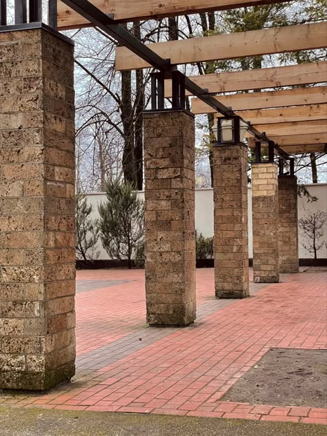 #columns #architecture #bricks #red #village Brick Pergola Columns, Plinth Architecture, Brick Pergola, Garden Perspective, Castle Plans, Mass Timber, Brick Columns, Hotel Aesthetic, Stone Building