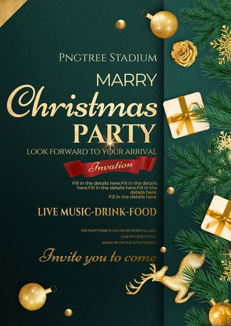 Christmas Party Invitations Ideas, Christmas Invitation Design, Flyers Design Ideas, Christmas Invitations Ideas, Christmas Party Design, Green Background Design, New Year Poster Design, New Year Creative, Restaurant Birthday