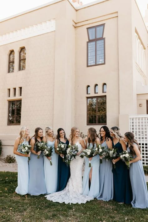 Blue Boho Bridesmaid Dress, Light And Dark Blue Bridesmaid Dresses, Dusty Blue And Taupe Bridesmaid Dresses, Blue Western Bridesmaid Dresses, Various Blue Bridesmaid Dresses, Blue Tone Bridesmaid Dresses, Different Blues Bridal Party, Azazie Color Combinations, Bridesmaids As Something Blue