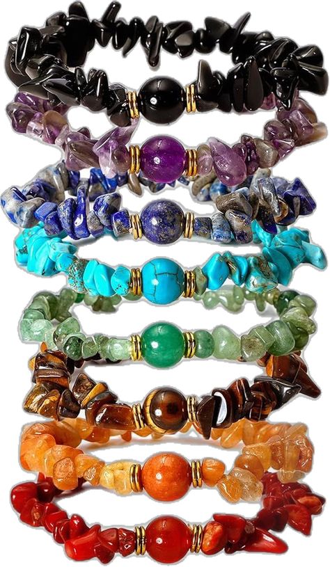 Chakra Crystal Bracelet, Chip Bracelet Ideas, Natural Stone Bracelets For Women, Crystal Chip Bracelet Ideas, Stone Chip Jewelry Diy, Crystal Chips Jewelry, Stone Bracelet Ideas Gemstones, Seven Chakra Bracelet, Healing Bracelets Stones