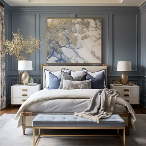 Blue Cream And Gold Bedroom, Blue And White Luxury Bedroom, Navy And Gold Master Bedrooms Decor, Blue Walls Master Room, Grey Blue Guest Bedroom, Navy Blue Cream Bedroom, Bedroom Inspirations Blue And White, Cornflower Blue Bedroom Ideas, Master Bedrooms Decor Navy Blue