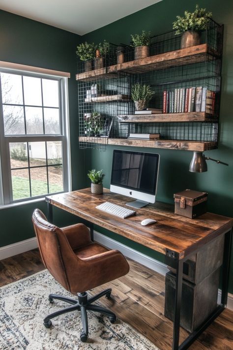 Industrial Study Room Ideas, Home Office Dark Wood Desk, Man Cave Office Ideas Rustic, Home Office Ideas Bookshelves, Wooden Desk Bedroom, Farmhouse Study Room Ideas, Man Space Ideas, Woodsy Office Decor, Dark Computer Room