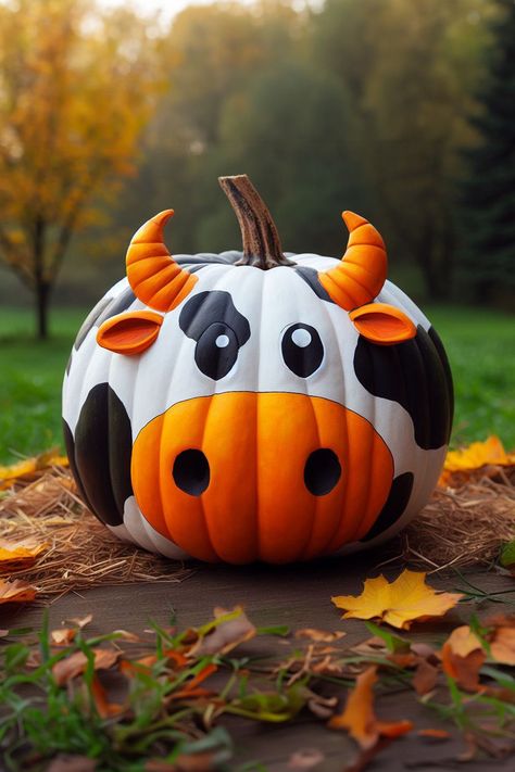 White Pumpkins Carving Ideas, Pumkin Decoration Ideas Craft, Lsu Pumpkin Painting, Pumpkin Art Contest, Cow Pumpkins Painting, Cow Pumkin Painting, Chalk Paint Pumpkins Diy, Pumpkin Cactus Painting, Cow Painting Pumpkins