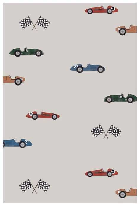 Racing Cars Wallpaper, Race Car Wallpaper, Children's Wallpaper, Toy Race Track, Wallpaper Cream, Race Car Themes, Racing Theme, Wall Stickers Wallpaper, Birth Announcement Boy