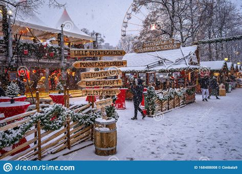 Photo about Traditional Christmas market with falling snow, Oslo, Norway. Image of christmas, outdoor, downtown - 168488008 Oslo Christmas Market, Christmas Market Ideas, Christmas In Norway, Oslo Winter, Sweden Christmas, Norway Christmas, Travel Norway, Norway Winter, Norwegian Christmas