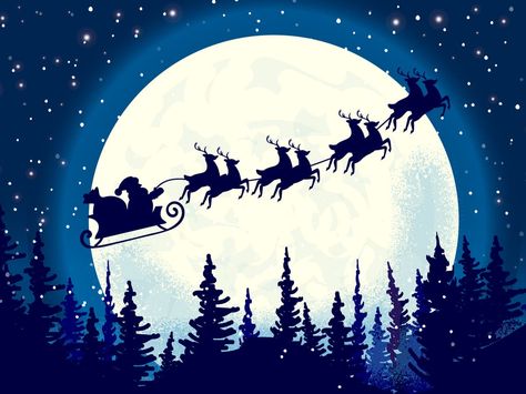 His reindeer and sleigh will be visible in the UK in the early hours of Christmas morning Santa Sleigh Silhouette, Santa Tracker, Trees Vector, Santa Is Coming, Scene Drawing, Santa And His Reindeer, Reindeer And Sleigh, Silhouette Illustration, Winter Sky