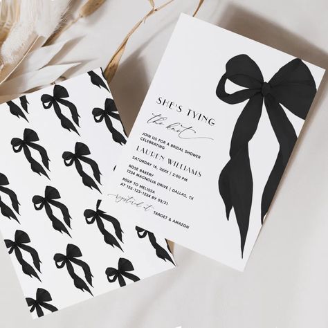 Chic Black Bow She's Tying the Knot Bridal Shower Invitation Black Bow Decoration, Tying The Knot Bridal Shower Invitations, Black Tie Themed Party, Black White Themed Party, Tying Up My 20s, Black And White Bridal Shower Decor, Bachelorette Party Details, Fancy Bridal Shower Ideas, Bridal Shower Bows