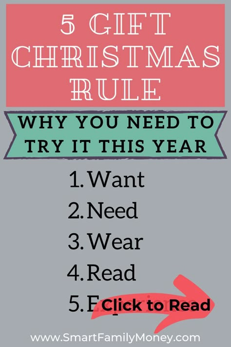 Have you heard of the 4 gift rule for Christmas? The 5 gift rule for Christmas is a new twist. Try the 5 gift challenge for your kids this year: Want, Need, Wear, Read & ??! Click to read more! 5 Gift Rule For Christmas, Gift Rule For Christmas, 5 Gift Rule, 4 Gift Rule, Christmas Rules, Emoji Christmas, Easy Homemade Christmas Gifts, Free Emoji, Frugal Christmas