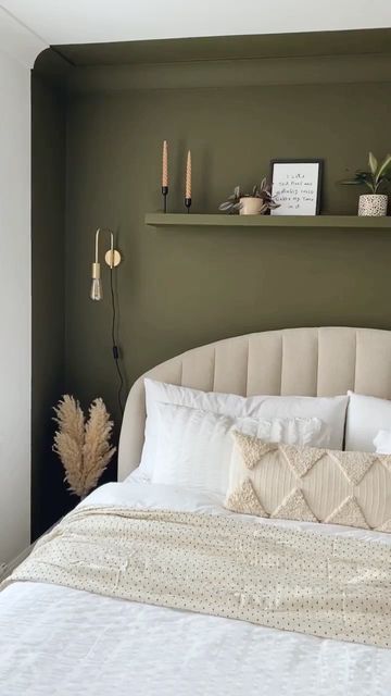 Lick on Instagram: "Dusky olive #Green05: ✅ “I am just obsessed with this colour. I had this planned in my head for so long and wasn’t sure if it would work out, but it turned out exactly how I wanted. The colour blocking has given this end of the bedroom a dramatic look, without taking over the room.” 🧑‍🎨 @coletteslittlehome #LickPaint #bedroommakeover #colourblocking" Green Olive Bedroom Ideas, Olive Feature Wall Bedroom, Colour Block Feature Wall, Olive Green Aesthetic Room Ideas, Cream Headboard Green Wall, Olive Colour Bedroom, Khaki Room Decor, Khaki Room Ideas, Olive Feature Wall