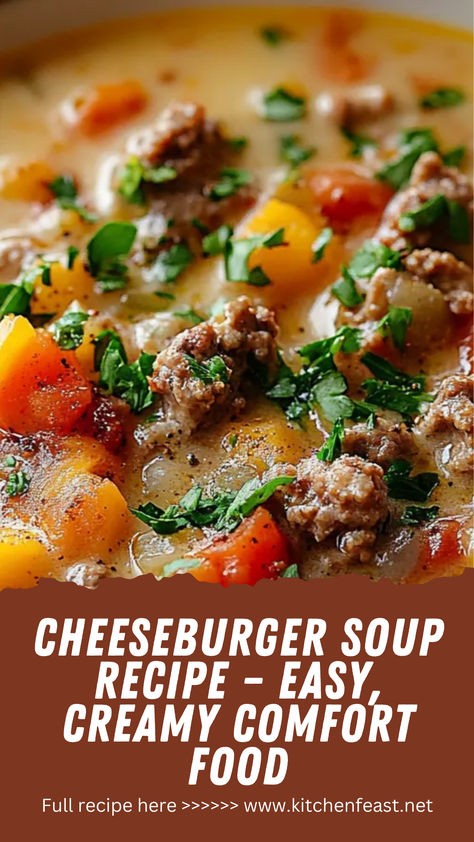 Warm up with this easy Cheeseburger Soup Recipe! Packed with ground beef, potatoes, and cheddar cheese, it's the perfect creamy comfort food for any occasion. Best Cheeseburger Soup Recipe, Recipes With Cheddar Cheese Soup, Hamburger Chowder, Easy Cheap Soup Recipes, Soup Made With Ground Beef, Macaroni Cheeseburger Soup, Campbells Cheddar Cheese Soup Recipes, Potato Beef Soup, Hamburger Meat Soup Recipes