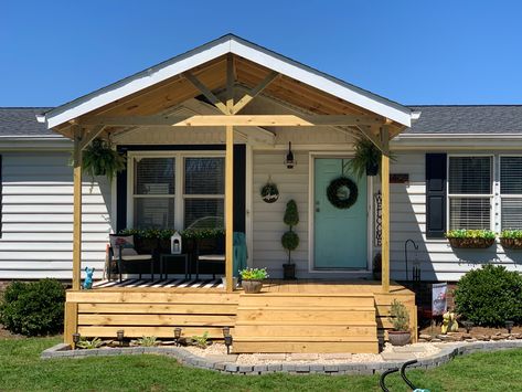 Front Porch Ideas Trailer House, Garden Tub Mobile Home, Mobile Home Porch Remodel, Porch On Mobile Home Single Wide, Landscaping Ideas For Front Of House Mobile Home, Mobile Home French Doors, Single Wide With Porch, Front Porch Ideas For Double Wide, Front Porch Ideas For Manufactured Homes