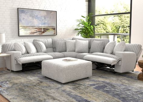 Experience unparalleled comfort and style with the Kayen Power Reclining Sectional. Crafted with super soft faux fur and modern track arms, this sectional offers a contemporary yet cozy feel. With USB ports and power buttons on the arms, staying connected is effortless. Its extra wide T-cushion design provides ample seating space, while its modular construction allows for versatile arrangement. Elevate your living space with the Kayen – where luxury meets functionality. ​Sectional includes wedge Couch For Open Floor Plan, Sectional Reclining Sofa, Sectional Couch With Recliner, Sectional Recliner Living Room, Couch And Recliner Layout, Sectional And Recliner Living Room, Recliner Sofa Living Room Decor, Virginia Apartment, Modern Contemporary Sectional Sofa