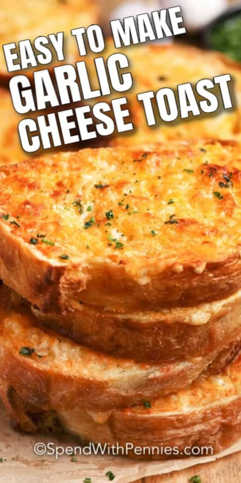 Cheese toast is an easy recipe that is so delicious! Bread is topped with a cheesy garlic mixture and oven-baked until golden brown and melty!  #spendwithpennies #garliccheesetoast #cheesetoast #baked #recipe #oven Garlic Cheese Toast, Cheese Toast Recipe, Cheese Pull, Bread Garlic, Baked Recipe, Garlic Toast, Garlic Spread, Homemade Garlic Bread, Garlic Cheese Bread