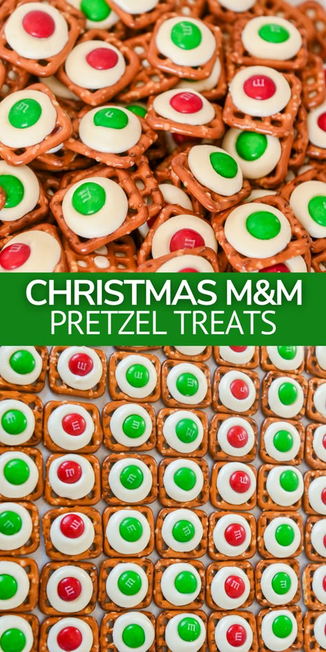 Make this holiday white chocolate M&M pretzel recipe for an easy Christmas treat in just 20 minutes! Fun for kids to make and the perfect easy idea for cookie exchanges. Pretzel M M Treats, Easy Treats To Make For Christmas, Pretzels With M&ms Holiday Treats, Easy Holiday Sweet Treats, Pretzel Squares With M&ms, White Chocolate Mm Pretzel Bites, Square Pretzel Treats Christmas, White Chocolate Mix Christmas, Christmas Snacks Pretzels