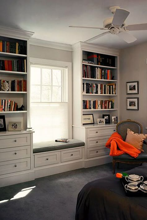 15 Stylish Built-In Reading Nooks Window Seat Kitchen, Bedroom Built Ins, Ikea Bookshelves, Dekorasi Kamar Tidur, Window Seats, Wall Cabinets, Built In Bookcase, Bedroom Windows, Built In Shelves