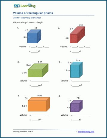 Students find the volume of rectangular prisms, or the length of the missing side, given the volume.  Geometry | Grade 4 | Free | Printable | Worksheets Teaching Volume, Volume Of Rectangular Prisms, Square Prism, Volume Worksheets, Volume Math, Handwriting Worksheet, Maths Worksheet, Cursive Writing Worksheets, Rectangular Prism