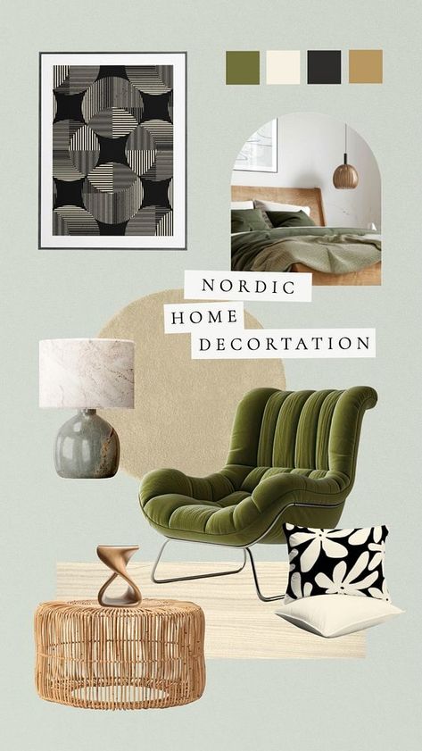 Green interior design mood board mockup, customizable design | premium image by rawpixel.com / Wan Nordic Wallpaper, Mood Board Collage, Bedroom Mockup, Collage Bedroom, Interior Collage, Mood Board Layout, Board Collage, Aesthetic Interior Design, Interior Design Videos