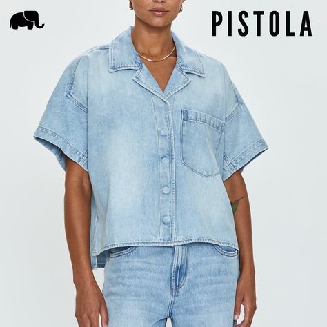 Ready to channel your summer camp vibes? The Pistola Della Denim Camp Shirt in Chateau Wash is your go-to for relaxed, effortless style. With a camp collar neckline, exaggerated dropped shoulders, and a high-low split crop length, this shirt combines comfort with vintage-inspired flair. Crafted from bright, light blue denim with vintage fading, it’s perfect for all your summer adventures. #YourStyleYourStory #Pistola #DenimCampShirt #SummerVibes #EffortlessStyle #VintageFlair #ChicComfort #c... Summer Camp Vibes, Denim Short Sleeve Shirt, Short Sleeve Denim Shirt, Camp Vibes, Toddler Boots, Long Sleeve Kids, Boys Bottoms, Denim Blouse, Camp Shirt