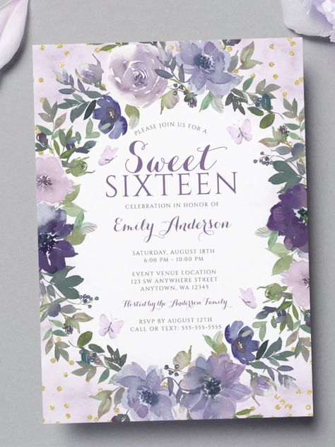 Purple Floral Butterfly Gold Sweet 16 Invitation Elegant purple butterfly Sweet 16 invitation featuring a lilac and lavender floral watercolor wreath and faux glitter edges. This formal sweet sixteen invite template can be edited by you #sweetsixteen #sixteenbirthday #birthday #happybirthday #birthdaycards #birthdayparty Purple Butterfly Sweet 16, Fancy Sweet 16, Butterfly Sweet 16, Purple Birthday Invitations, Butterflies Theme, Purple Sweet 16, Gold Sweet 16, Sweet 16 Party Invitations, Birthday Invitation Cards