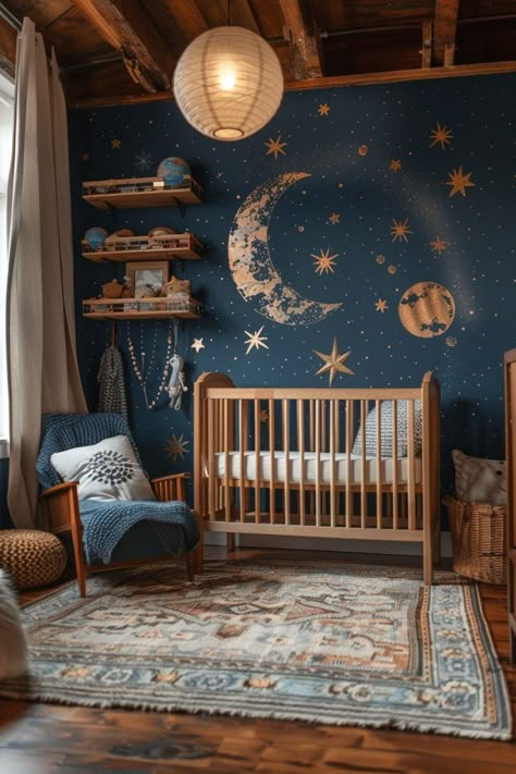 Starry Night Nursery, Galaxy Nursery, Night Nursery, Sky Nursery, Celestial Boho, Nursery Room Ideas, Baby Room Themes, Moon Nursery, Baby Boy Room Decor