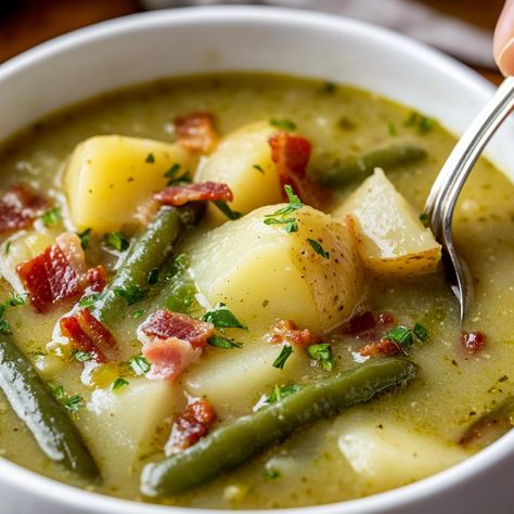 Green Bean Potato Soup, German Green Bean Soup, Green Bean Soup German, Green Bean Soup Recipes, Green Bean And Potato Soup, Green Bean Soup, Ham And Green Beans, Crockpot Green Beans, Bean And Sausage Soup