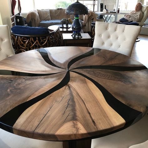 Custom Made Dark Walnut Wood Black Epoxy Round Dining Table Dining Room Table Diameter Kitchen Table Round Coffee Table Resin Table - Etsy Coffee Table With Seating, Spool Tables, Wood Resin Table, Epoxy Wood Table, Wood Table Design, Live Edge Coffee Table, Epoxy Table, River Table, Kitchen Dining Tables