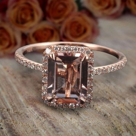 Unique 7x5mm Emerald Cut 1.50 Carat Peach Pink Morganite and - Etsy Australia Morganite Diamond Engagement Ring, Moissanite Halo Engagement Ring, Engagement Ring Mountings, Pink Emerald, Moissanite Engagement Ring Halo, Morganite Diamond, Ringe Gold, Pink Morganite, Delicate Design