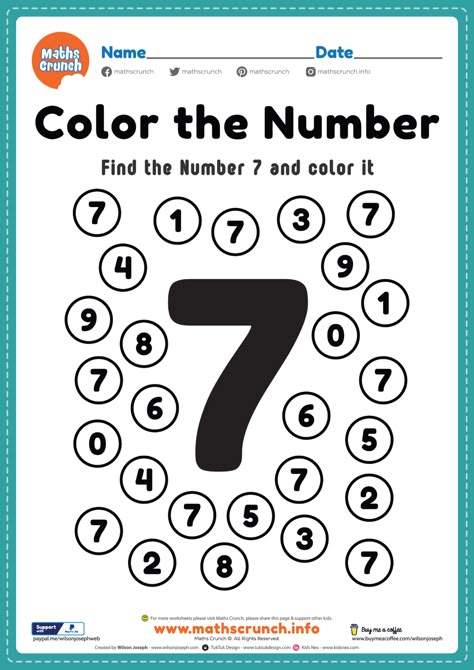 Pre k math worksheets number 7 coloring maths | Maths Crunch Activities For Kindergarten Children, Pre K Math Worksheets, Coloring Preschool, Learning Numbers Preschool, Number Worksheets Kindergarten, Preschool Number Worksheets, Pre K Worksheets, Numbers Worksheets, Preschool Math Worksheets