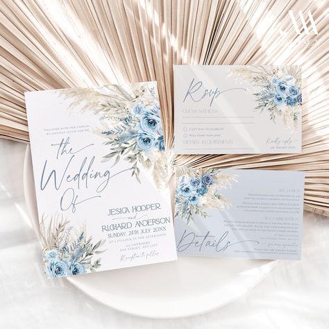 Pampas Wedding, Dusty Blue Wedding Invitations, Blue Floral Wedding, Blue Wedding Invitation, Bridal Shower Planning, Blue Invitation, Dusty Blue Wedding, Boho Blue, Dusty Blue Weddings