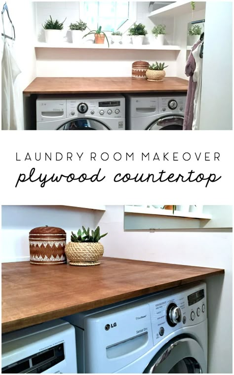 Coastal Washroom, Laundry Countertop, Coastal Laundry Room, Plywood Countertop, Condo Inspiration, Laundry Room Countertop, Kmart Hacks, Laundry Room Storage Shelves, Laundry Room Ideas Small Space