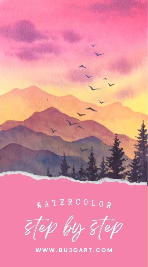 Sunset Mountain Watercolor: A Step-by-Step Tutorial – BUJO ART Fall Watercolor Paintings Landscapes Easy, Mountain Scape Watercolor, Waterfalls Watercolor Paintings, Watercolor Art For Beginners Step By Step Sunset, Watercolor How To Paint, Watercolour Lessons Step By Step, Abstract Watercolor Mountains, Watercolor Sunset Easy Tutorial, Watercolor Basics Tutorials