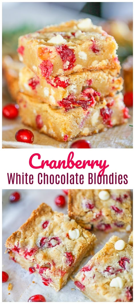 Holiday Cranberry White Chocolate Blondies - Ring in the holidays with these soft, chewy ultimate blondies stuffed with fresh cranberries and white chocolate.  It\'s a lovely decadent treat praising sweet and tart moods of the season and we can\'t get enough of these fudgy, buttery caramel blondie bars! #bars #blondies #cranberry #cranberries #whitechocolate #holidaybars #holidaybaking #cranberrydessert #dessert #christmasdessert Potluck Food, Caramel Blondie, Appetizing Food, Blondie Bars, Recipes Steak, Cranberry White Chocolate, Chocolate Blondies, Cranberry Bars, Cream Cheese Appetizer