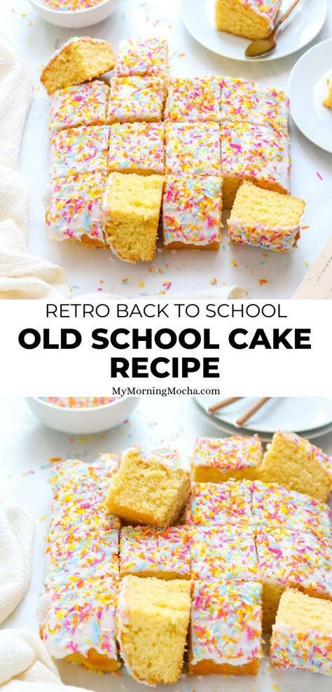 Vanilla sponge traybake with icing is a school dinners pudding loved by many. Plus, this old school cake recipe is so easy and quick to make. School Cake Recipe, Baking Recipes Uk, Old School Cake, Easy Cakes For Kids, School Dinner Recipes, Old School Desserts, Easy Birthday Cake Recipes, Cake Recipes Uk, Ballerina Cupcakes