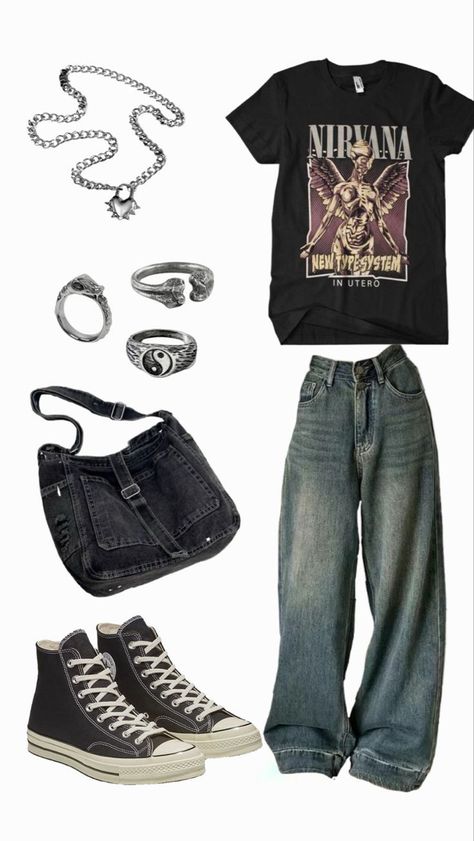 Cute Outfits For School Grunge, Nirvana Clothes Outfits, Clothing Ideas Grunge, Outfit Inspo 90s Grunge, Nirvana Concert Outfit, Nirvana Outfit Aesthetic, Outfit Ideas Coquette Grunge, Outfit Boards Grunge, Grunge 90s Outfits 1990s