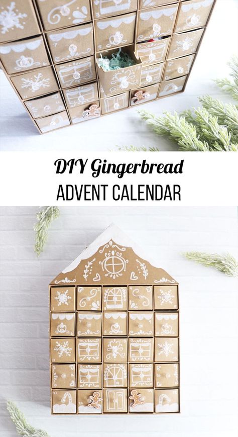 DIY Gingerbread Advent Calendar. Get excited for the holidays by making your very own gingerbread advent calendar to count down the days until Christmas. Advent Calendar House Diy, Advent Boxes Diy, Christmas Diy Advent Calendar, Homemade Advent Calendar, House Advent Calendar, Diy Gingerbread House, Advent Calendar House, Tea Advent Calendar, Advent House