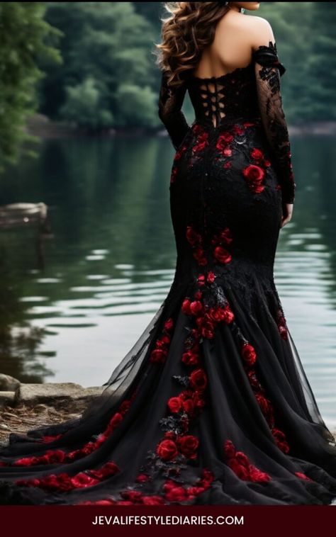 Black And Red Gothic Wedding Dress, Vampire Aesthetic Wedding Dress, Black Mexican Wedding Dress, Red And Black Wedding Dress The Bride, Burlesque Wedding Dress, Purple Gothic Wedding Dress, Dark Red Wedding Dress Brides, Gothic Style Wedding Dress, Dark Red And Black Prom Dress