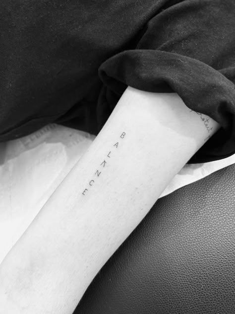 Vertical Words Tattoo, Vertical Text Tattoo, Vertical Script Tattoo, Vertical Word Tattoo, Balance Tattoo Design, August Tattoos, Fine Line Lettering, Fine Line Tattoo Designs, Line Tattoo Designs