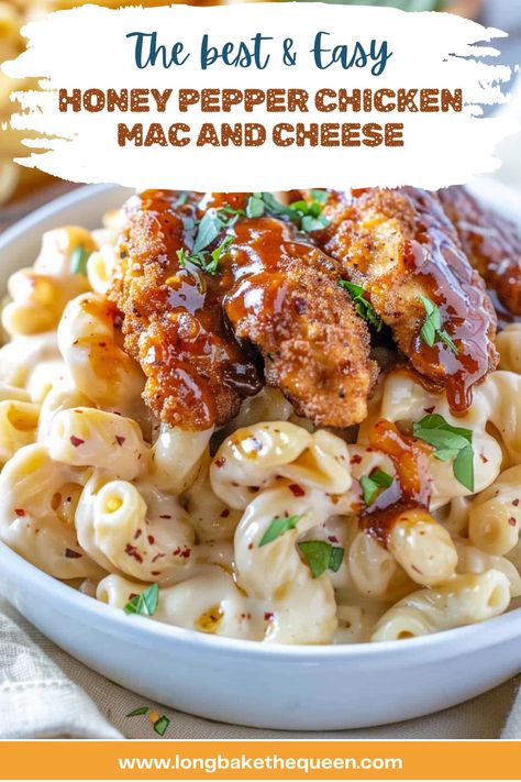 Week Long Dinner Ideas, Queso Chicken Recipes, Meals To Last The Week, Copy Cat Applebees Honey Pepper Chicken Mac And Cheese, Honey Bbq Mac And Cheese, Hot Honey Chicken Tenders And Mac, Honey Pepper Mac And Cheese, Applebees Honey Pepper Chicken Pasta, Yummy Pasta Dishes