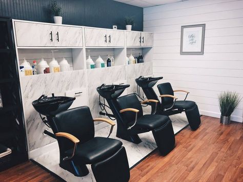 Tangles Hair Salon Springfield Ohio Wash Station Hair Salon Wash Station, Salon Wash Station, Salon Sink Station Ideas, Salon Wash Station Ideas, Small Salon Interior Design, Hair Wash Station, Barber Ideas, Barbershop Design Interior, Hair Salon Prices