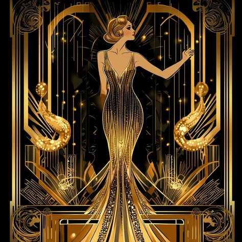 ### **Printable Digital Artwork  Elevate your space with the elegance of the roaring '20s through this stunning Art Deco digital wall art. Featuring a glamorous woman in a shimmering golden gown, this artwork captures the essence of vintage luxury and sophistication. Perfect for lovers of timeless beauty and bold designs, this high-resolution print adds a touch of class to any room. ### **Included files ### With this purchase, you will receive 1 𝐉𝐏𝐆 𝐟𝐢𝐥𝐞 in 𝐇𝐢𝐠𝐡 𝐑𝐞𝐬𝐨𝐥𝐮𝐭𝐢𝐨𝐧 ( Vintage Art Deco Posters, 1920s Wall Art, 1930s Art Deco Posters, Art Deco Oil Painting, Art Deco Bar Interior, Art Deco Store Design, Art Deco Set Design, Art Deco Images, 1920s Art Deco Aesthetic