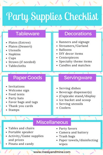 Party Supplies Checklist - Messy & Mine Birthday Party Supplies Checklist, Party Food List, Party Supplies Checklist, Messy Party, Bos Baby, Birthday Party Checklist, Party Planning Business, Party Planning Checklist, Party List