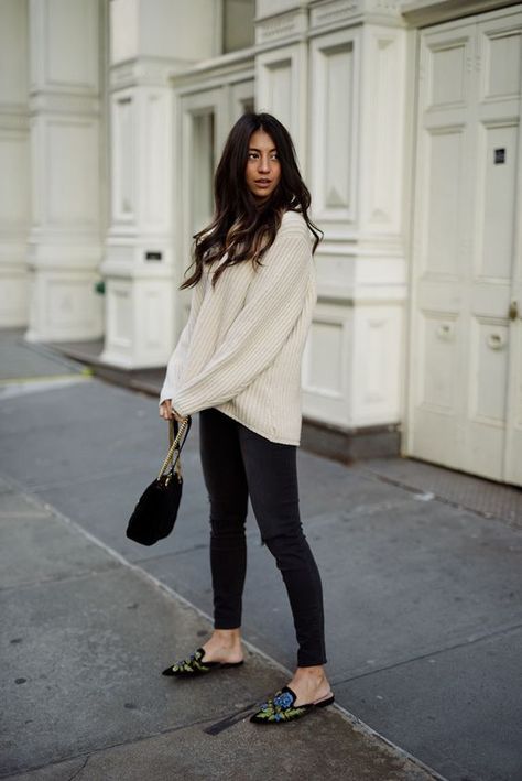 via now.ruelala.com Flat Mules Outfit, Outfits With Mules, Mule Outfits, Mule Shoes Outfit, Mules Outfit, How To Wear Loafers, Airplane Outfits, Velvet Mules, Chic Winter Outfits