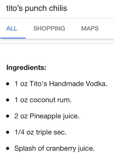 Titos Punch Recipe Chilis, Tito’s Punch Chili’s, Titos Punch, Titos Vodka Recipes, Rum Drinks Recipes, 5 Oclock, Alcholic Drinks, Vodka Recipes, Happy Hour Cocktails