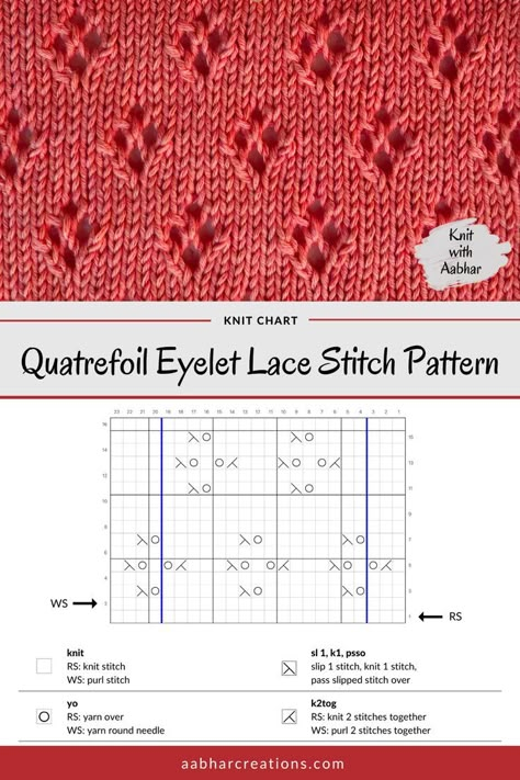 The Quatrefoil Eyelet Lace Pattern is an all-over lace pattern that mimics the iconic quatrefoil pattern. There are tiny eyelets arranged in a diamond formation all over a background of stockinette stitches. #aabharcreations #knitwithaabhar #learntoknit #freepattern #knittingstitch #knittingpattern #knitchart #knitting #stitchchart Eyelet Lace Pattern, Lace Knitting Stitches, Knitting Stitches Tutorial, Quatrefoil Pattern, Crochet Lace Pattern, Lace Knitting Patterns, Knit Stitches, Scarf Knitting Patterns, Knit Stitch Patterns