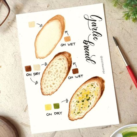 Sisca Wungu on Instagram: “Garlic bread! Easy to make and also easy to paint! What do you think? 😄” Bread Painting, Watercolor Food Illustration, Beautiful Dawn, Way To Happiness, Food Art Painting, Learn Watercolor Painting, Step By Step Watercolor, Buch Design, Food Sketch