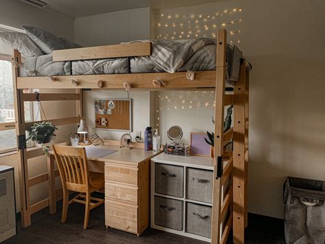 Best Dorm Layouts, College Dorm Room Lofted Bed Ideas, Dorm Room Layout Ideas Double, Loftable Bed College Dorms, Lofted Bed Dorm Room Ideas Simple, Iowa State Dorm Room Ideas, Dorm Room Ideas High Bed, Dorm Room Bunk Beds Layout, Dorm Room Layouts Double Lofted